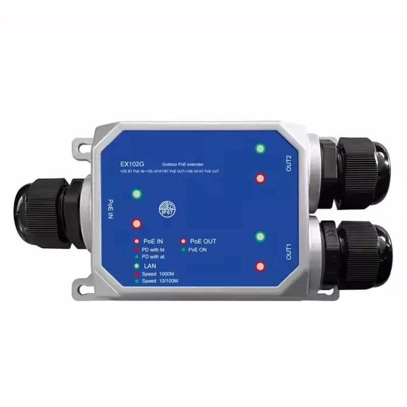 IP67 Waterproof Outdoor Gigabit PoE Extender 1 In 2 Out 802.3af at bt High Power Repeater For CCTV IP Security Camera Monitoring