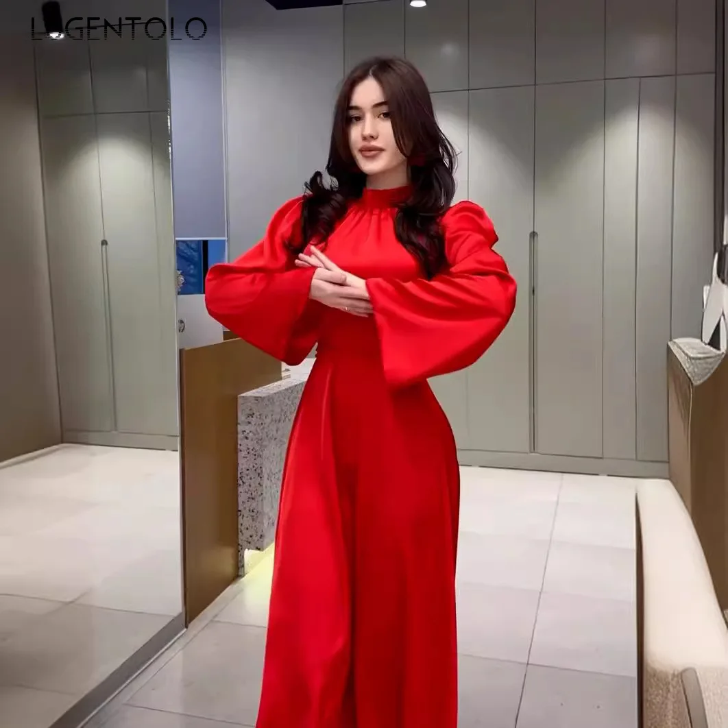 

Женское новое платье с длинным рукавом, модное, с высоким воротником, тонкое, элегантное, красное, с большим качелей, женское вечернее, темпераментное, в стиле ампир, ткань на шнуровке