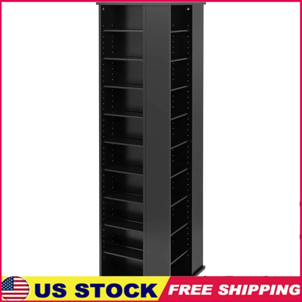 

Rotating Display Cabinet Media Storage Large Tiered Shelves Home Office Organization Black Wood Construction