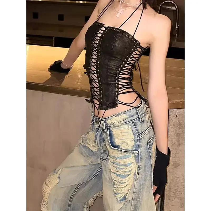 Damskie jeansy vintage z przetarciami w stylu amerykańskim High Street na rok 2025, nowe, z niskim stanem, retro, proste nogawki, spodnie do ziemi, odzież damska.
