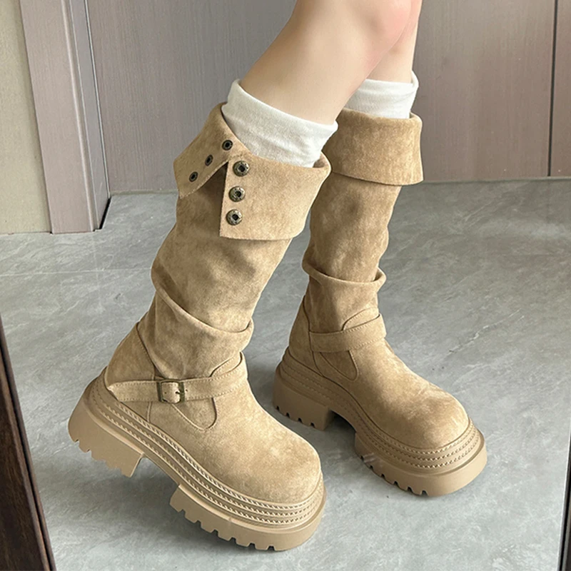 

Platform Women High Boots Flats Fashion Shoes Casual Knee High Dress Boots 2025 Winter Designer Chelsea Botas Femme Chaussure