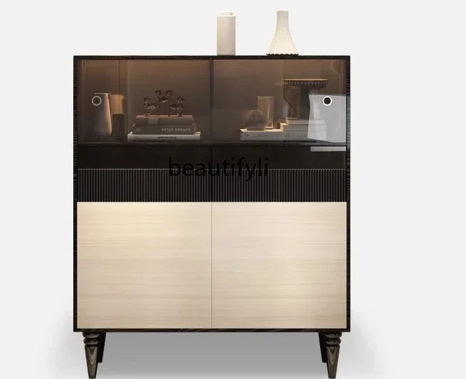 A  French Retro Wine Cabinet Villa Living Room, Medieval Decorative Side Cabinet With Sensor Light Solid Wood High Cabinet