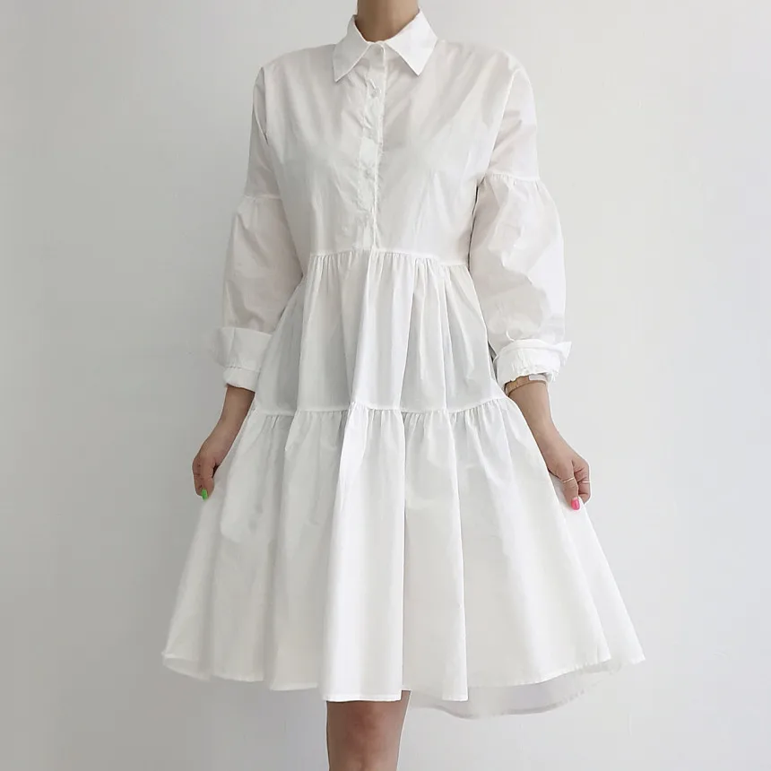 REALEFT, otoño, elegante, manga acampanada, camisas acampanadas para mujer, vestidos con botones y cuello vuelto, vestido informal holgado con paraguas para mujer