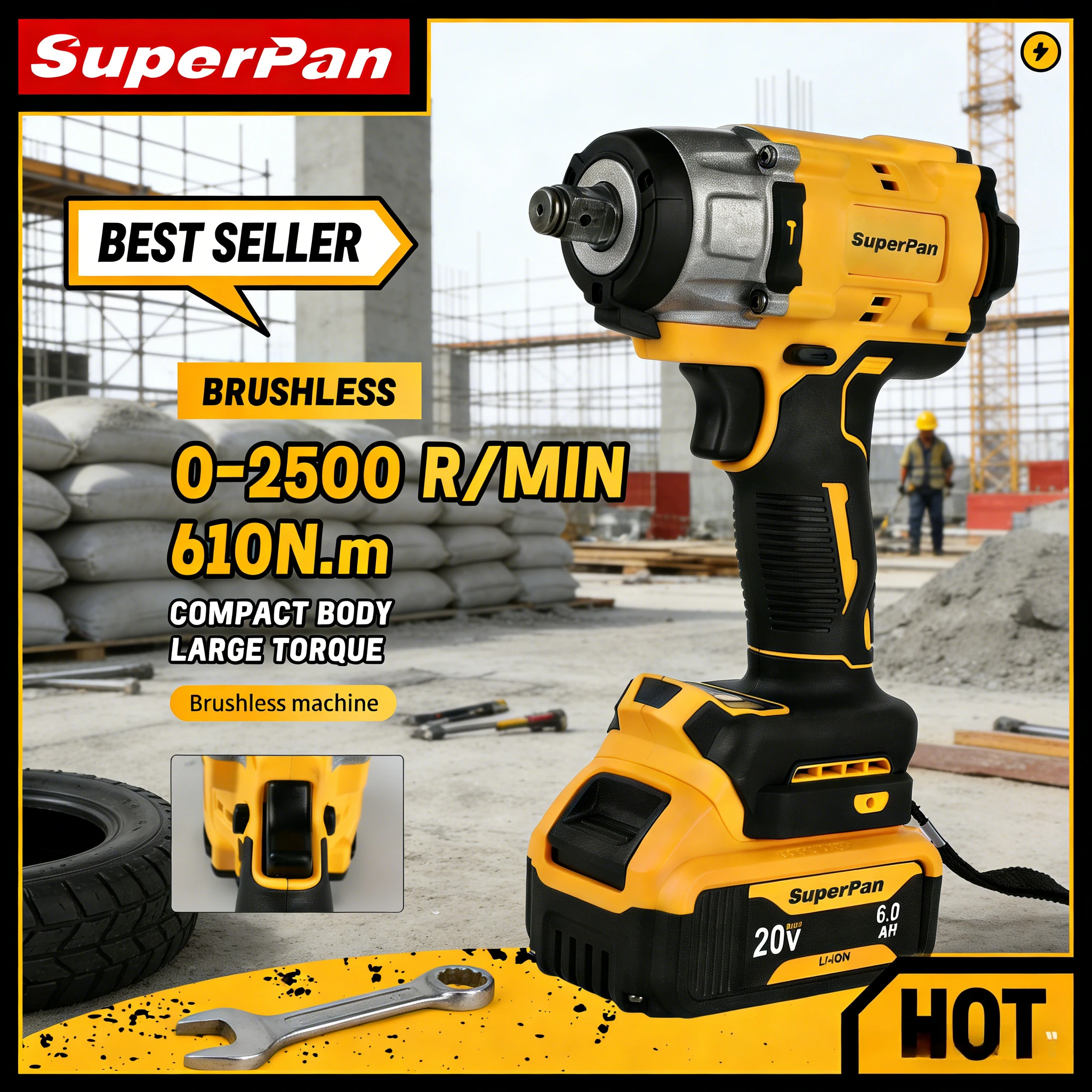 

SuperPan SP922 Impact Wrench Fast Charging Tools 20V Lithium ion 406NM 1/2" Drive Quick Maintenance for dewalt 20V battery pin