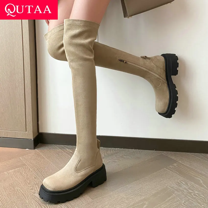 

QUTAA 2023 Autumn Flock Women Knee High Boots Platforms Round Toe Square High Heel Casual Shoes Woman Western Boots Size 34-41