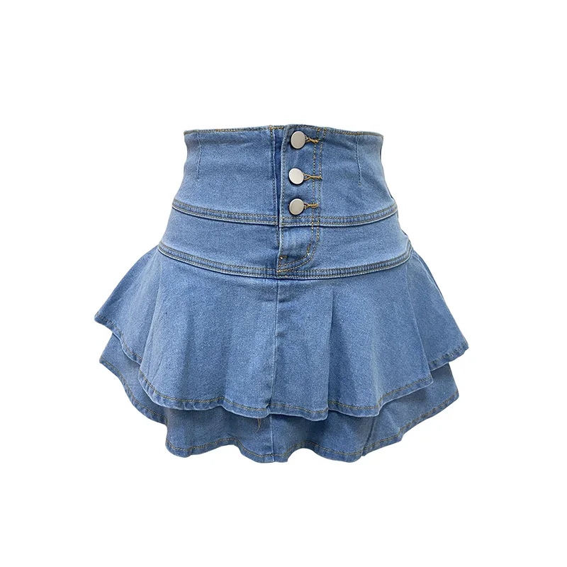 Slergiri femmes bouton mouche couches à volants ourlet jupe en jean 2025 été rétro Y2K taille haute mode correspondant Mini jupes