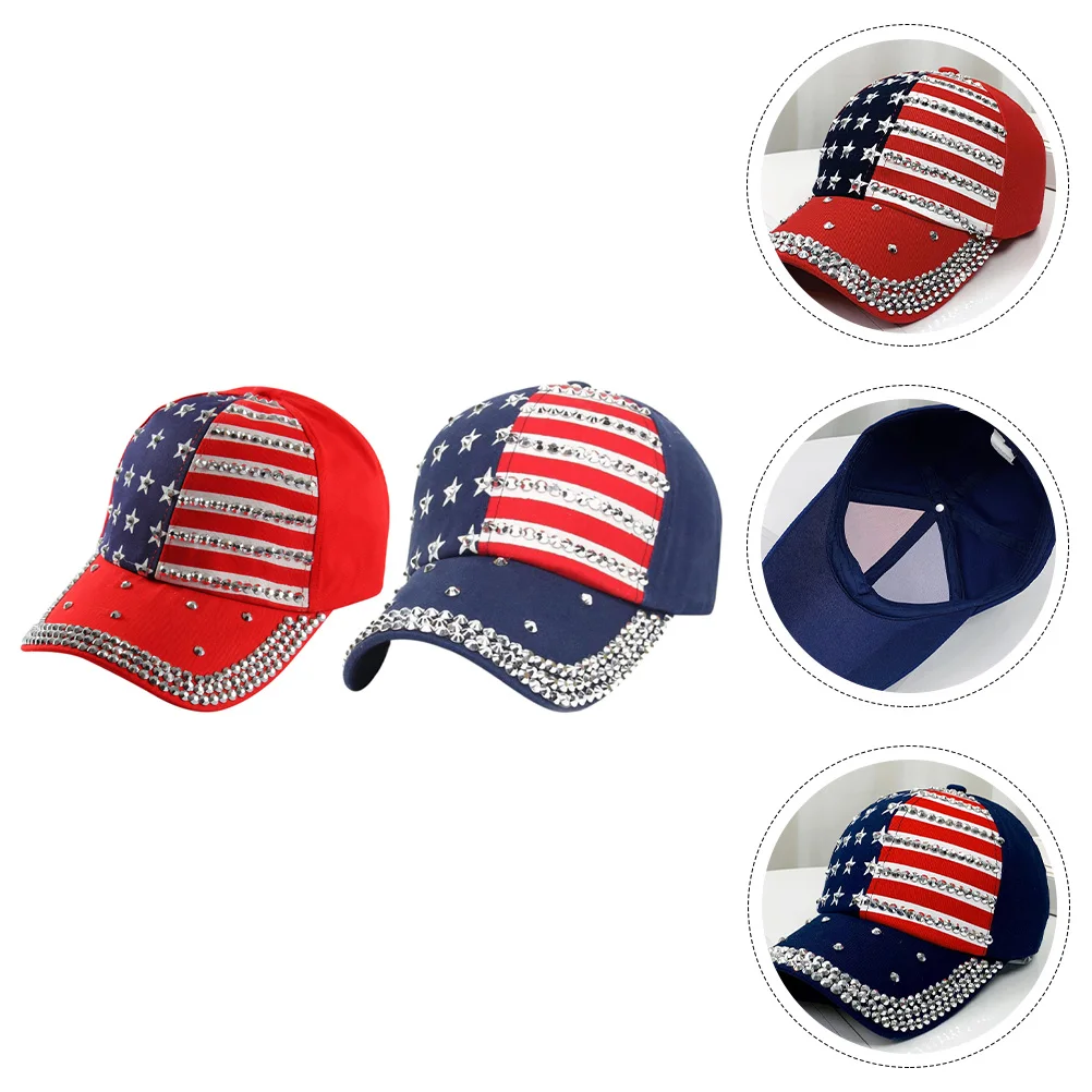 

2pcs American Flag Baseball Caps Bling Rhinestone Patriotic Hat Usa Decorate Women Men 4th July Vacation Outdoor Classic Design