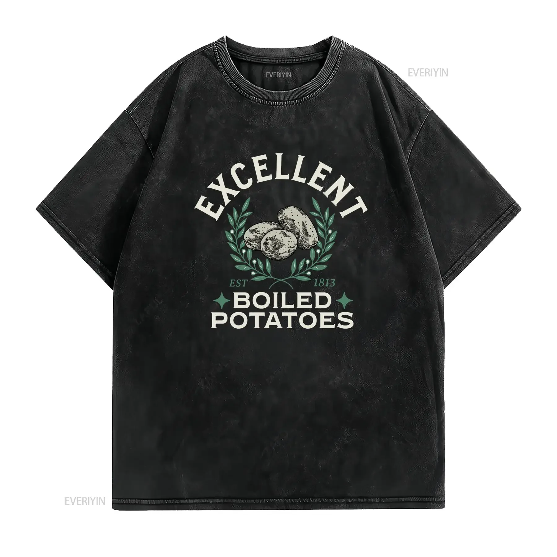 Vintage Funny Excellent Boiled Potatoes Badge Print Casual T Shirt vintage Washed fashion Slightly streetwear graphic homme