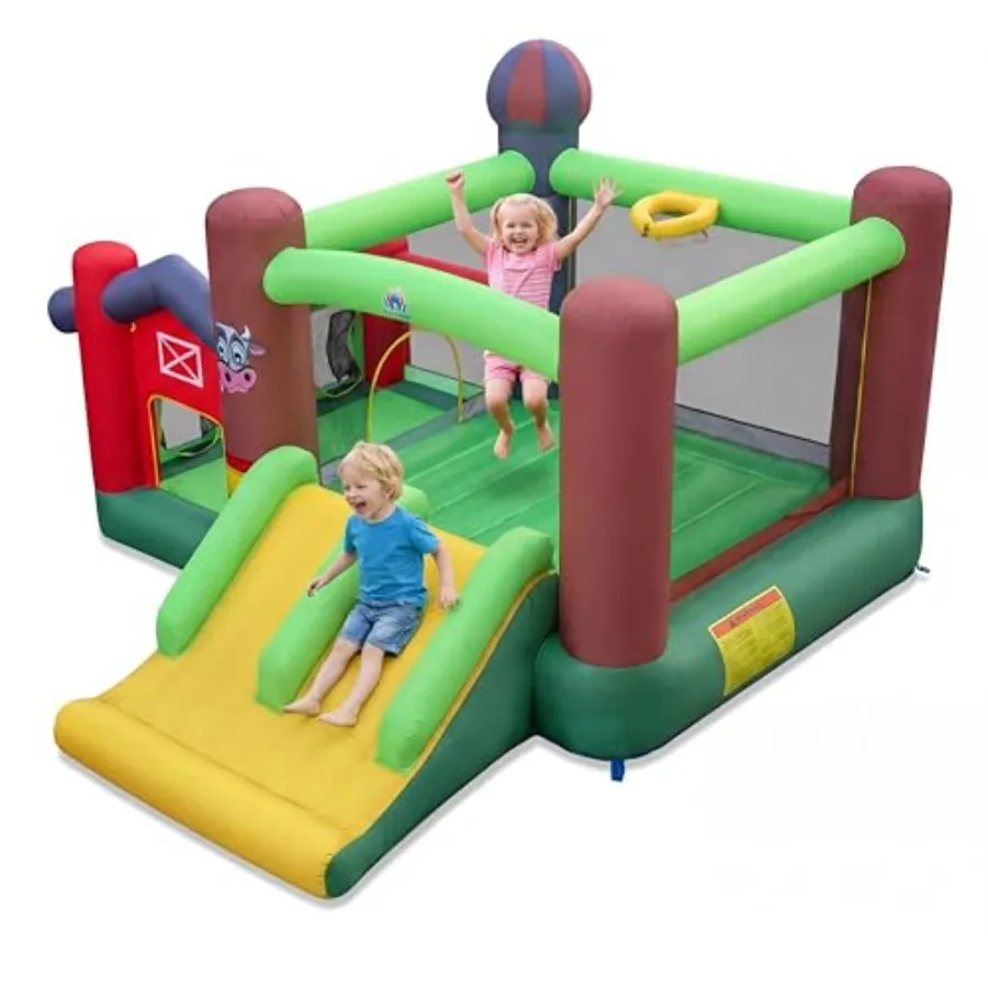 

Надувной батут-замок для улицы с двумя горками, бассейном с шариками, кольцебросом и баскетбольным кольцом для игры в баскетбол