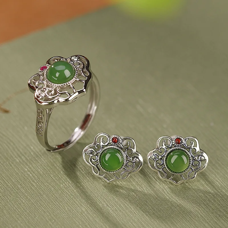 

S925 Стерлингового Серебра Hetian и Bi Jade Все идет хорошо Полые кольца Серьги Комплект ювелирных изделий