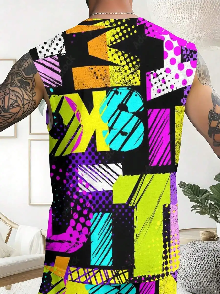 Colorful Abstract Pattern 2026 European & American Spring Summer Autumn New Style Wide Shoulder Tank Top & Beach Shorts Set Men view 2