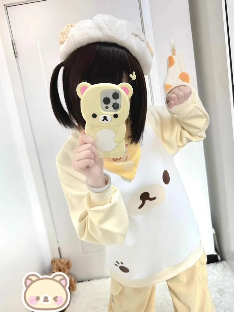 Japanese Kawaii Cartoon Little Bear Sweatshirts Y2k E-Girl O-neck All-match Loose Tops Women 2024 New Long Sleeve Pullovers