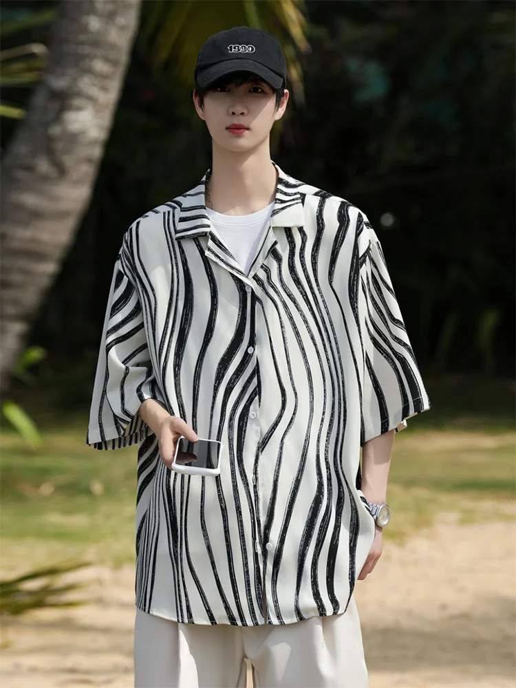 

Летняя мужская пляжная рубашка с коротким рукавом из ледяного шелка с зебровым принтом, в стиле барокко, дышащая, из полиэфирного волокна, молодежный тренд