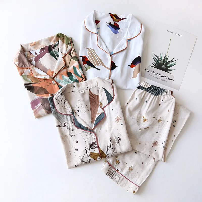 Pajama Set Loungewear Nightwear Soft Breathable Two Piece Long Sleeve Summer Lightweight Sleepwear Homewear