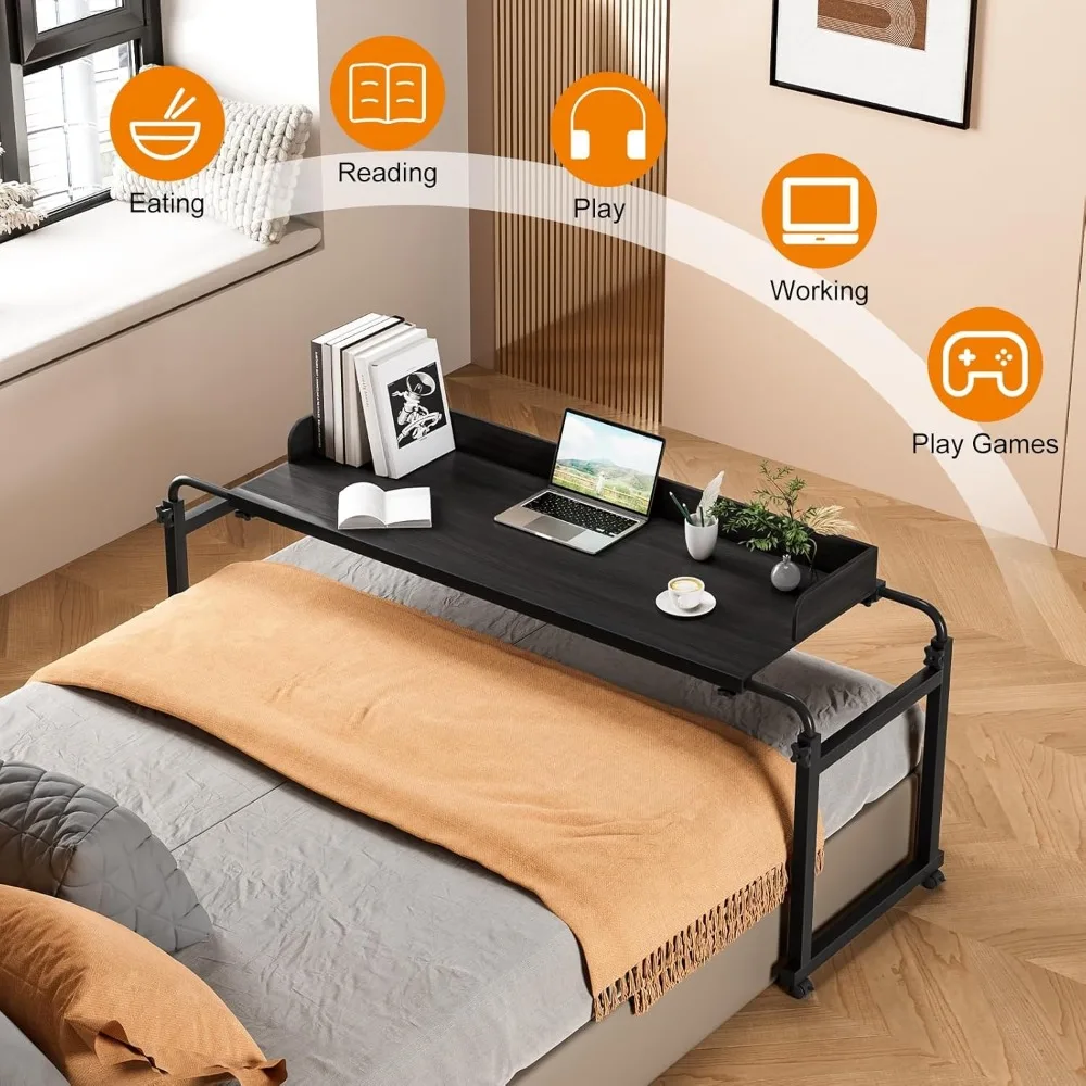 Adjustable Height Overbed Table, Rolling Overbed Bedside Desk with Raised Baffle and Spacious Desktop, Over BedTable with Wheels