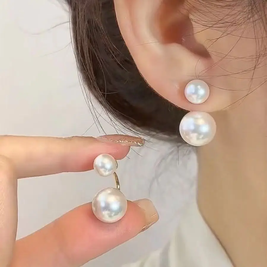Koreanische Weiße Imitationsperlen Zwei-Perlen-Hängeohrringe Süße Tropfenohrringe Mode Damen Schmuck Accessoires Großhandel