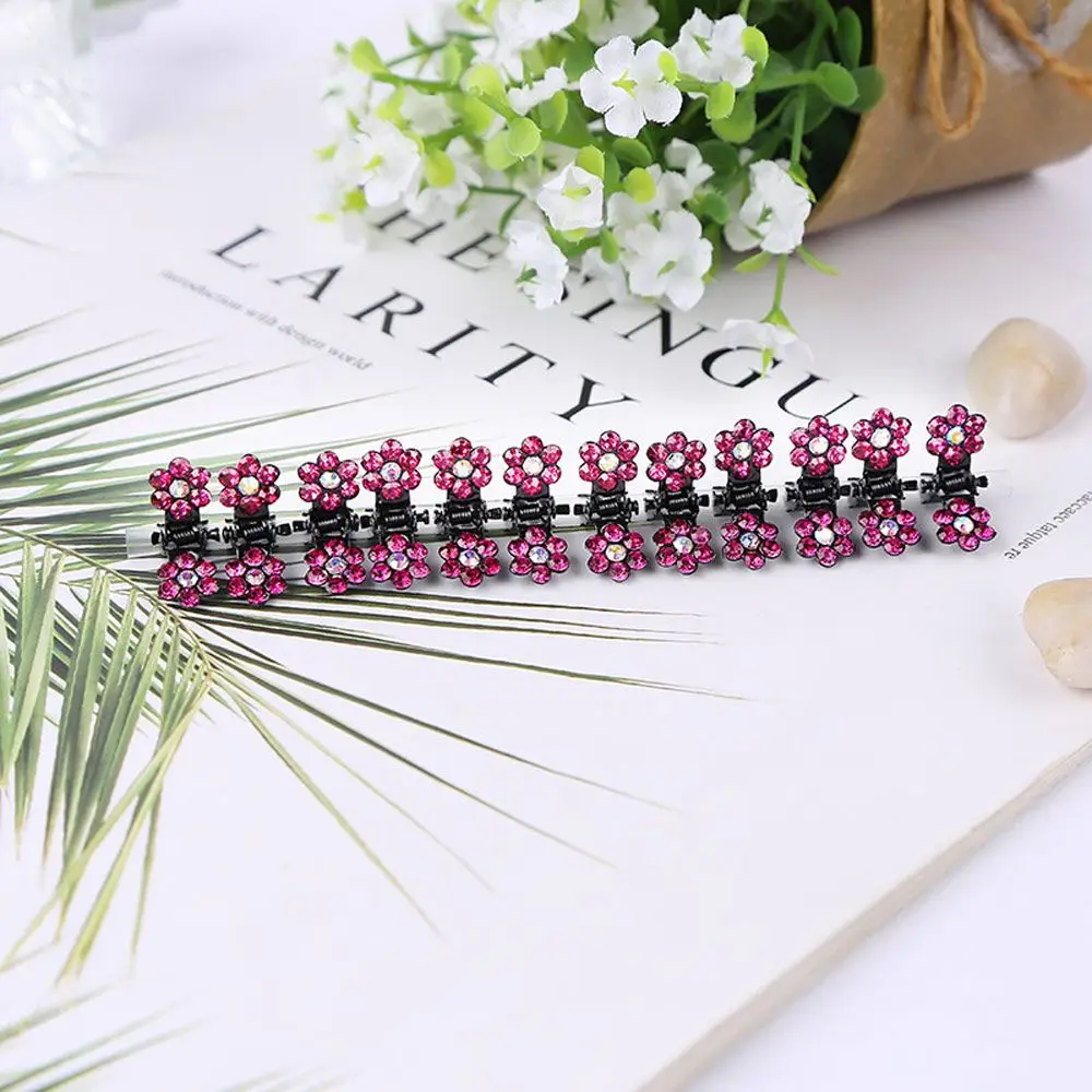 12pcs/set Hair Accessories Flower Headwear Mini Hair Claws Girls Rhinestone Hair Clips Metal Clamps No-Slip Grips