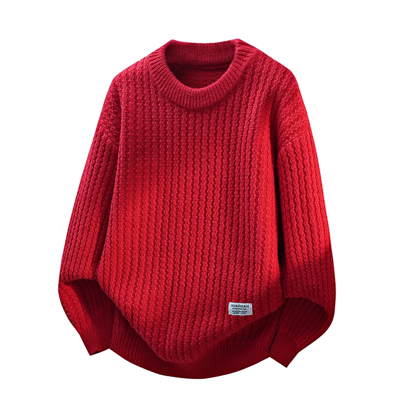 

Утепленный мужской вязаный свитер на осень-зиму, теплый, с круглым вырезом, вязаный, с символикой китайского зодиака, красный, на каждый день