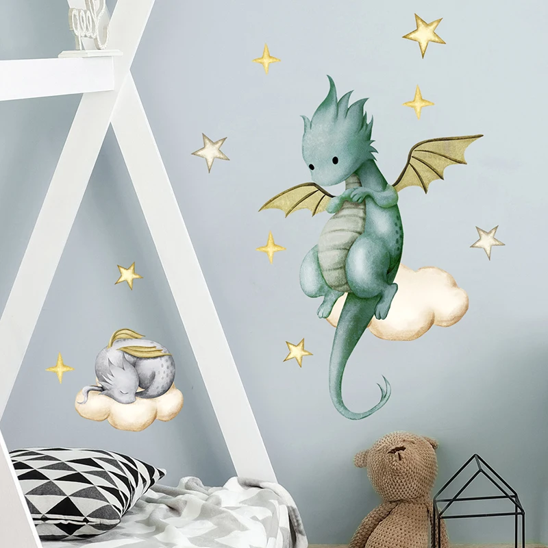 Baby Dragon Wall Decals Wall Stickers Stars Clouds Nursery Playroom Decor,Kids Room Home Decorations Boys Boys Girls Bedroom