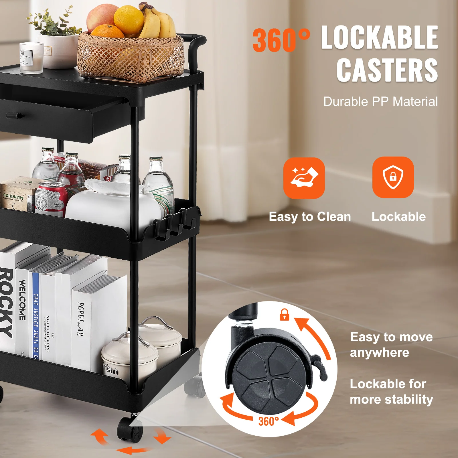 VEVOR 3-Tier Rolling Utility Cart Kitchen Storage Trolley with Drawer Handle for Office Living Room Movable Storage Organizer