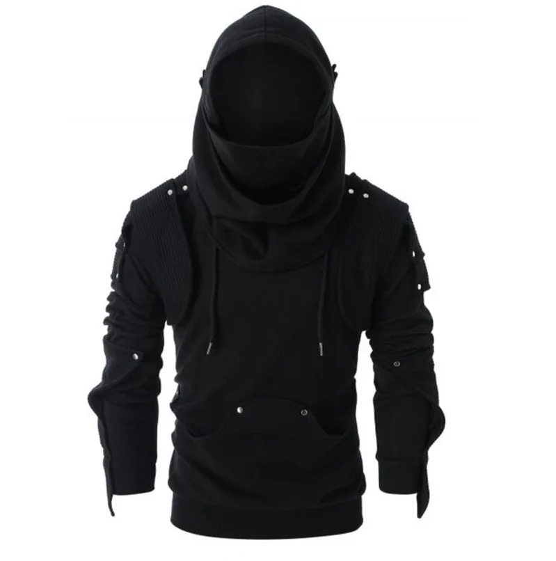 

New Men's Retro Masked Rivet Long Sleeve Hooded Sweatshirts Mens Windproof Spring Autumn Sweatshirts Tactical Military Coats