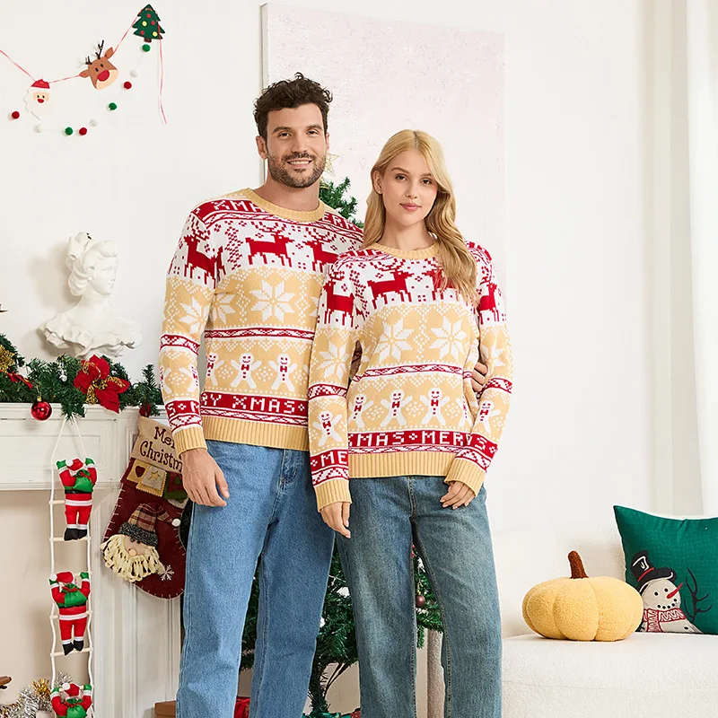 

2026 New Christmas Holiday Sweaters Couples Matching Sweater Women Men Full Sleeve Warm Soft Knitwear Elk Print Jumper Xmas Look