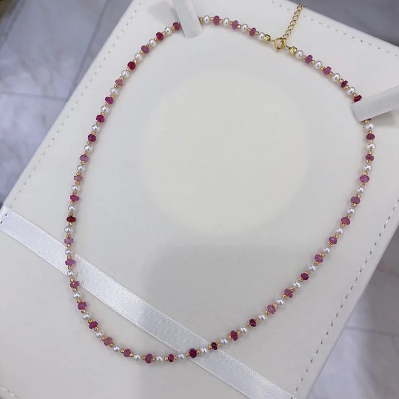 

SGARIT S925 Sterling Freshwater Natural Pearl Clavicle Chain Set with Rubies Pearl Necklace for Women