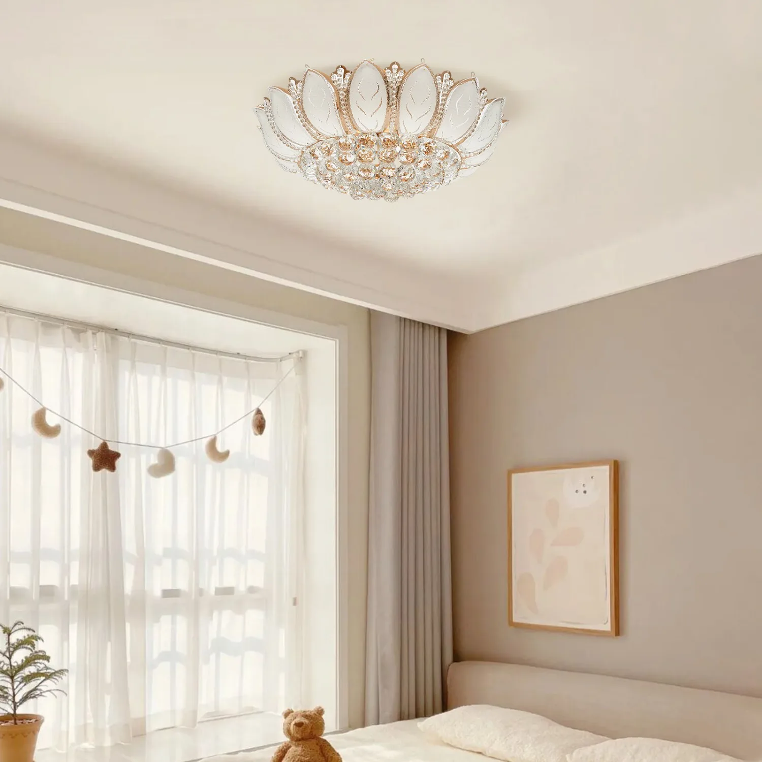 

Luxury Crystal Chandelier 23.5" Gold Lotus Shape Flush Mount LED Ceiling Lamp Pendant Lighting Fixture for Living Room Bedroom
