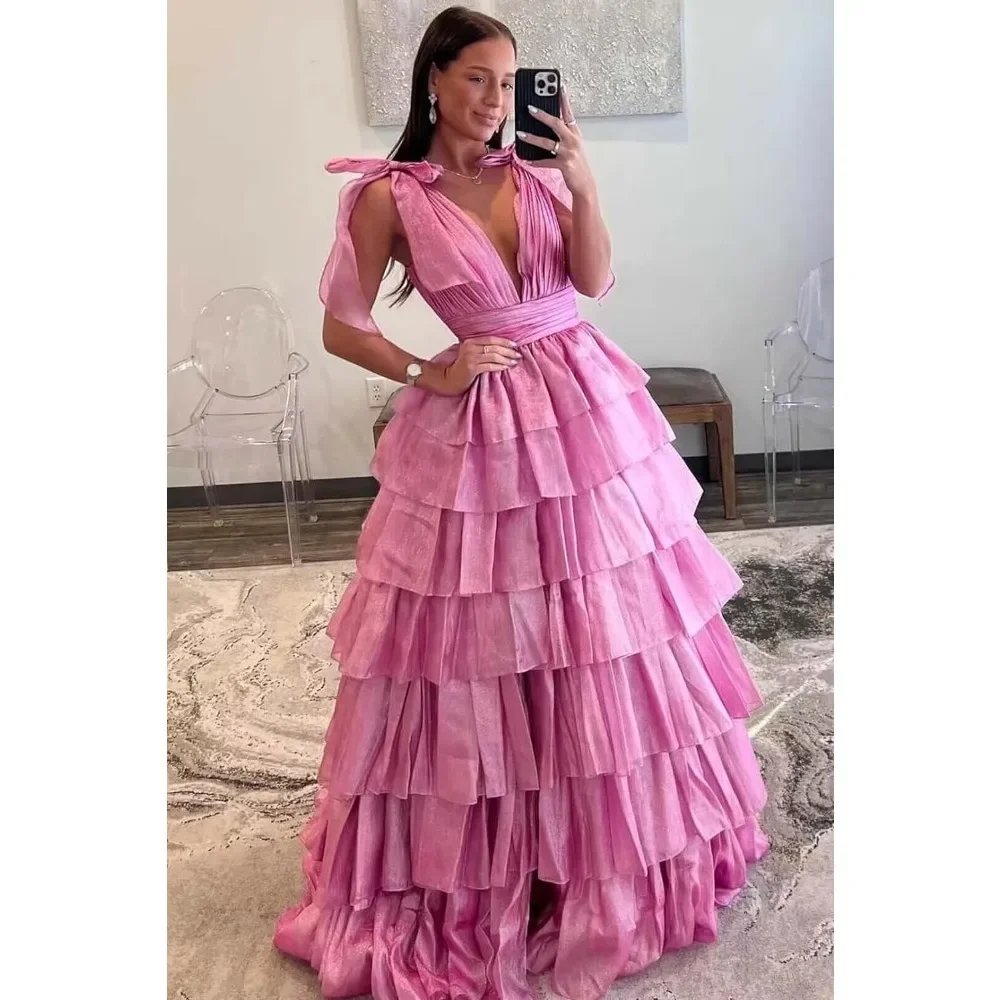 

Wakuta A Line Tiered Backlaess Prom Dresses Deep V Neck Long Ball Gown Luxury Ruched Formal Evening Party Dresses with High Slit