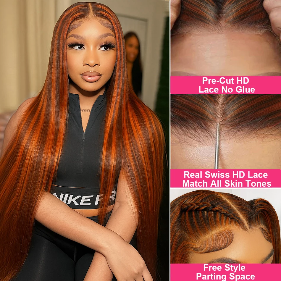 5x5 شعر مستعار بدون صمغ شعر الإنسان العظام مستقيم الدانتيل شعر مستعار أمامي 30 بوصة أومبير تسليط الضوء على الزنجبيل البرتقالي مع الباروكات البني الملونة للنساء