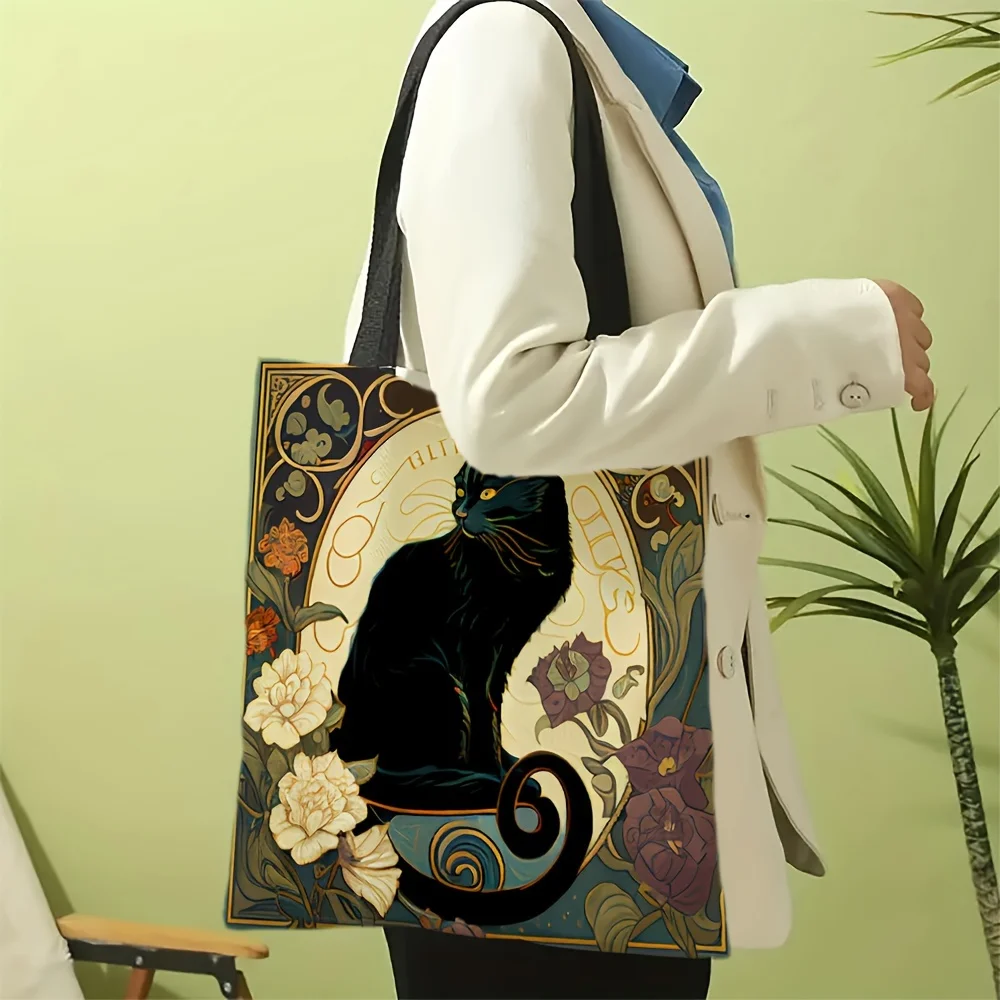 Borsa tote con gatto nero nobile di arte retrò, borsa a tracolla alla moda, borsa per la spesa leggera quotidiana in tessuto di lino 40X40 cm