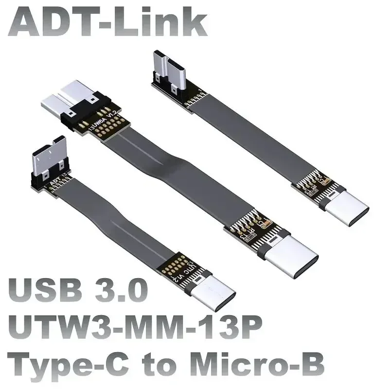 ADT-Link USB 3.0 Micro-USB macho a tipo C macho plano flexible hacia arriba, abajo, ángulo izquierdo y derecho 90 °   Cable de extensión del conector FPV FPC de datos