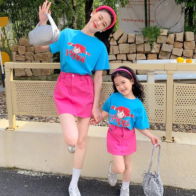 Children Casual Loose Parent Child Clothing 2024 Summer Korean Mother Daughter Cartoon Printed Cotton T Shirt and Skirt Suit