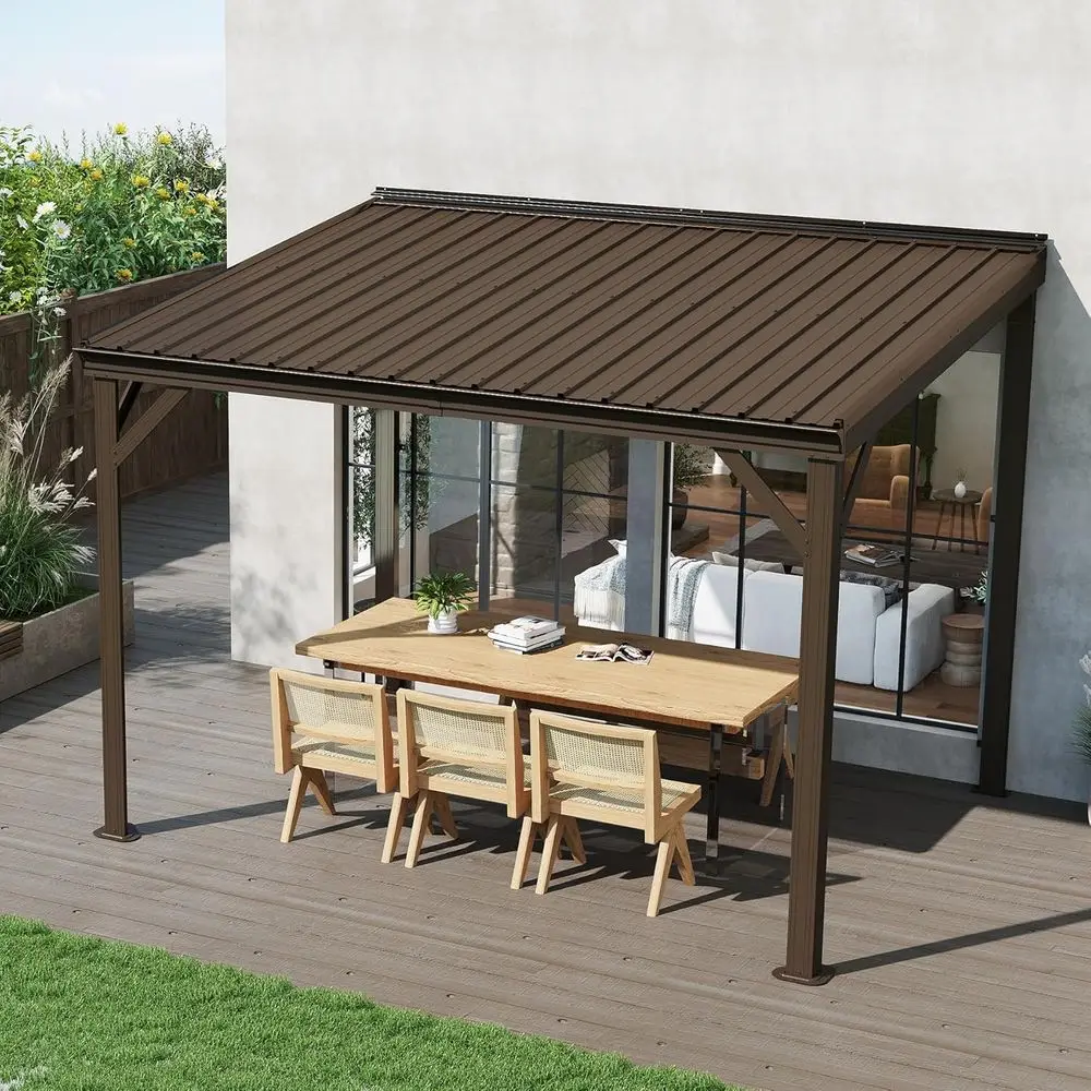 8x10 Hardtop Wall-Mounted Gazebo Pergola, Galvanized Steel Roof, Upgraded Drainage, Outdoor Metal Patio Shelter
