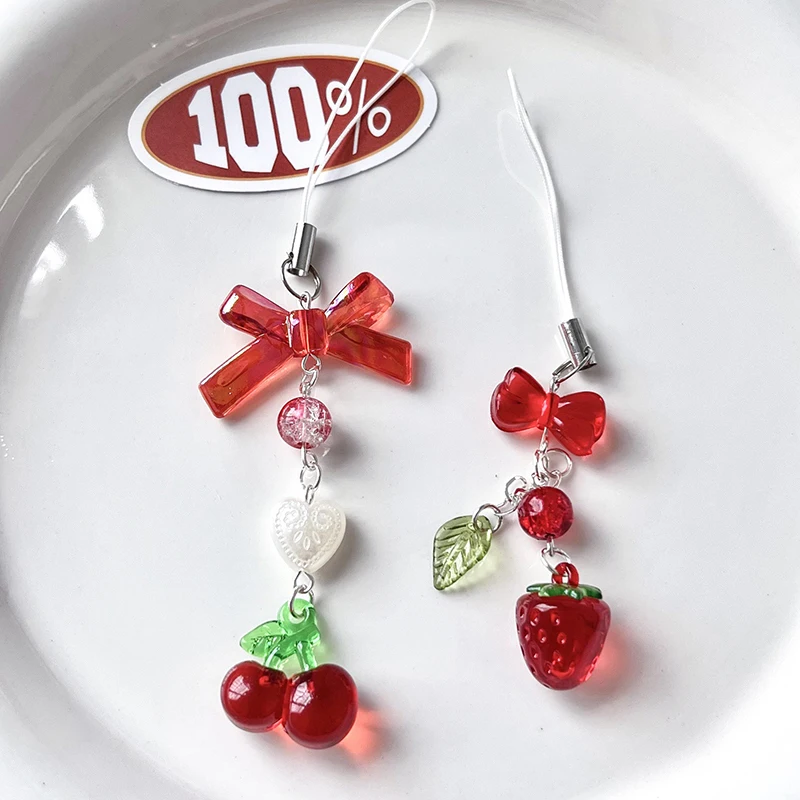 Red Cherry Strawberry Bow Mobile Phone Strap Charm Keychain For Girl Woman Bag Camera Pendant Sweet Cellphone Jewelry