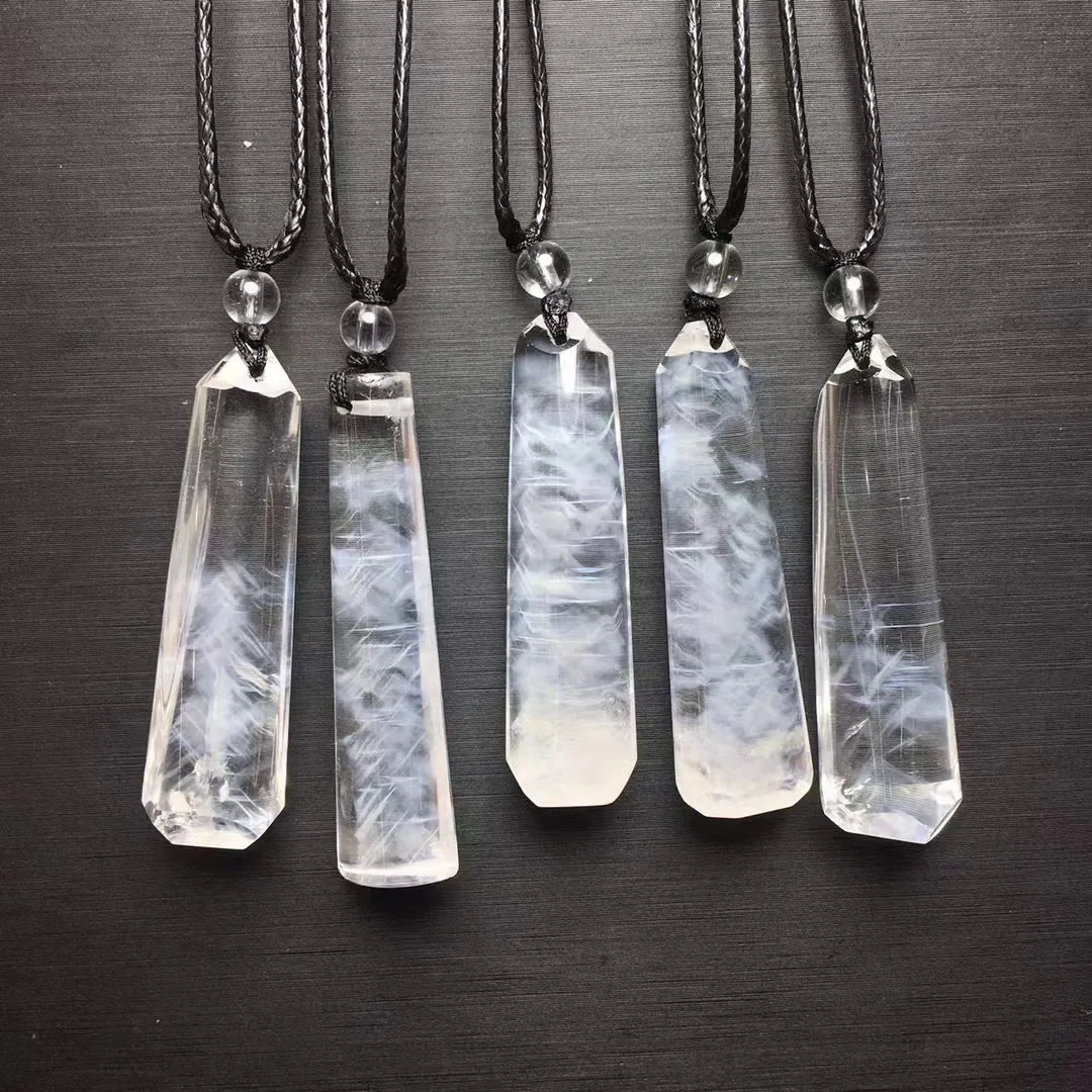 

Unit One Piece Popular Sale Natural Blue Needle Quartz Crystal Healing Column Pendant With Leather Rope For Jewelry Gift
