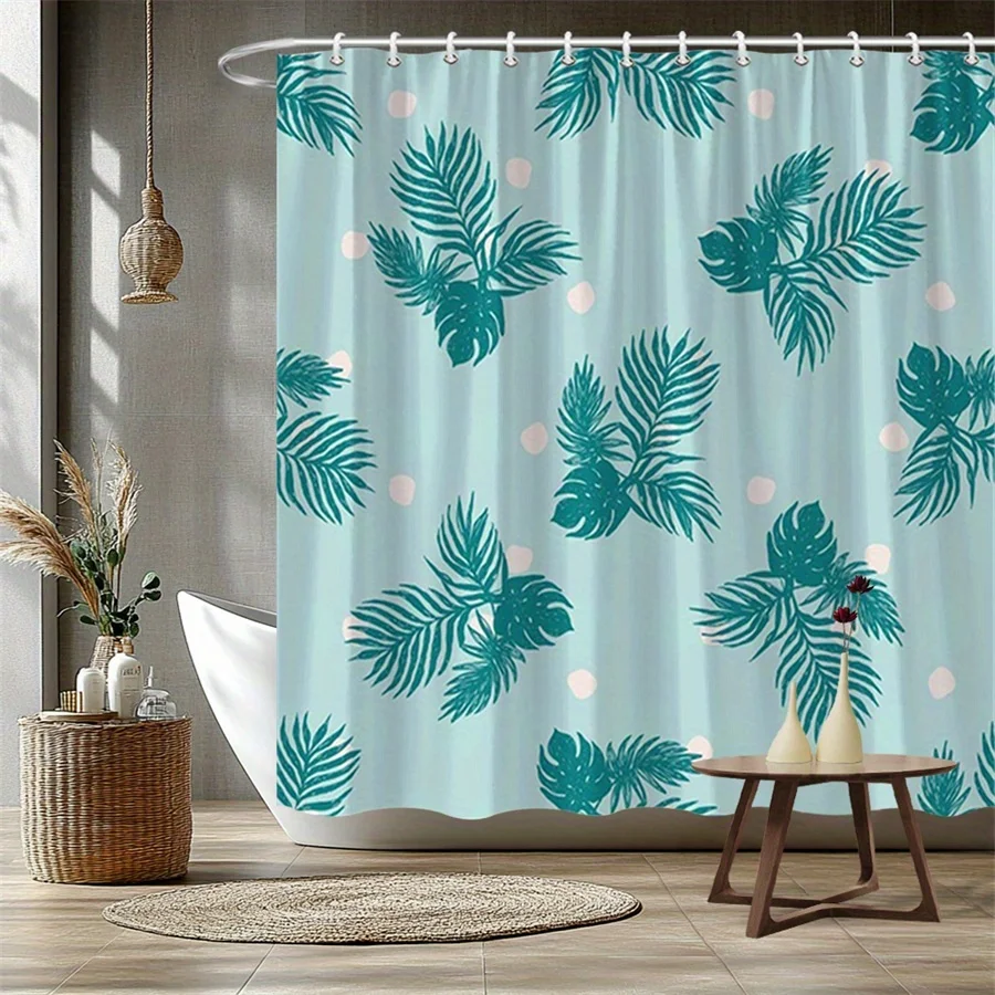 

1pc Blue-green shower curtain with palm leaf and monstera leaf pattern, made of polyester fabric, suitable for bathroom décor.