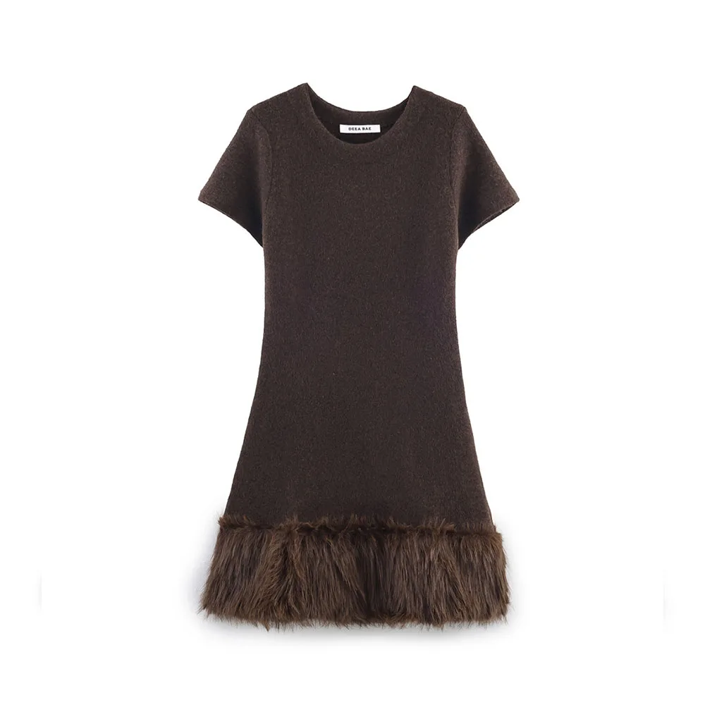 خريف جديد المرأة تأثير الفراء الاصطناعي الربط فستان محبوك #1