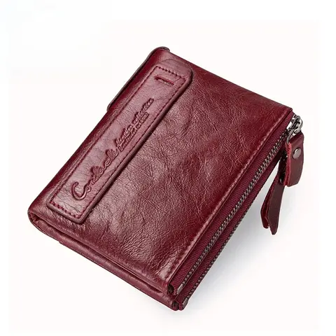 Fashion Genuine Leather Women Wallet Bi-fold Wallets Red ID Card Holder Coin Purse with Double Zipper Small Women's Purse