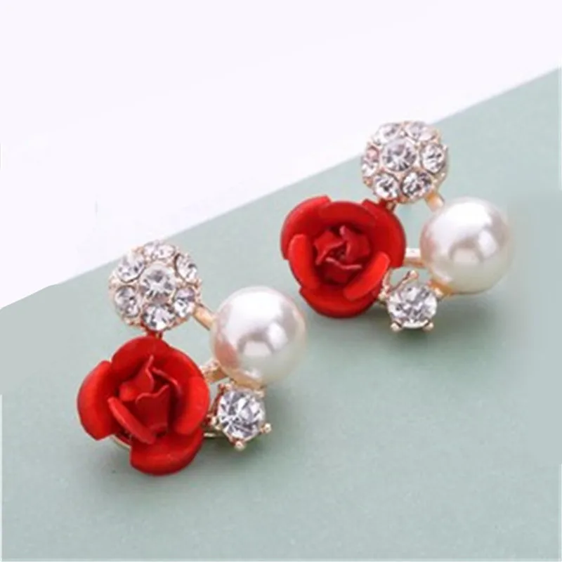 Vintage Red Rose Earrings Rose Gold Color Crystal Rhinestone Pearl Butterfly Flower Stud Earrings  Women Gifts Wedding Jewelry