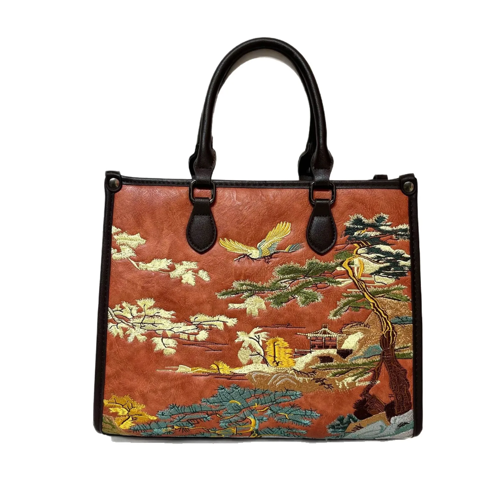 Sac fourre-tout de grande capacité pour femmes, style chinois brodé de paysage, sac à bandoulière à grande ouverture pour banlieue