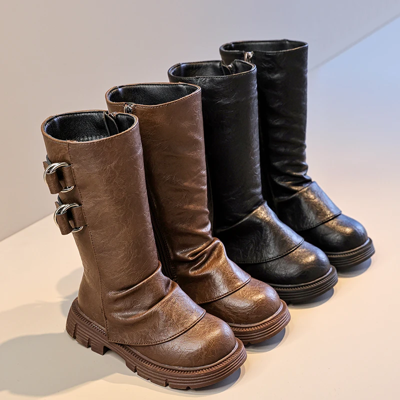 

Trend Classic Children Long Boots Black Brown Fashion Girls Causal Catwalk Boots School Thick Soled Kids Leather Boots Round-toe