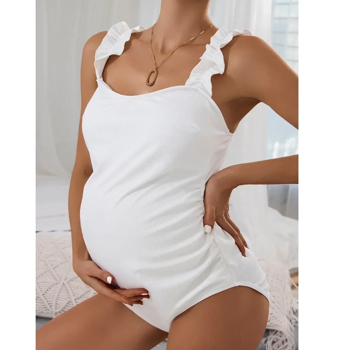 NEW Summer Solid White Pregnant Women's Swimsuit Ruffles Strap Maternity One Piece Swimwear Bathing Suit Premama Monokini Bikini