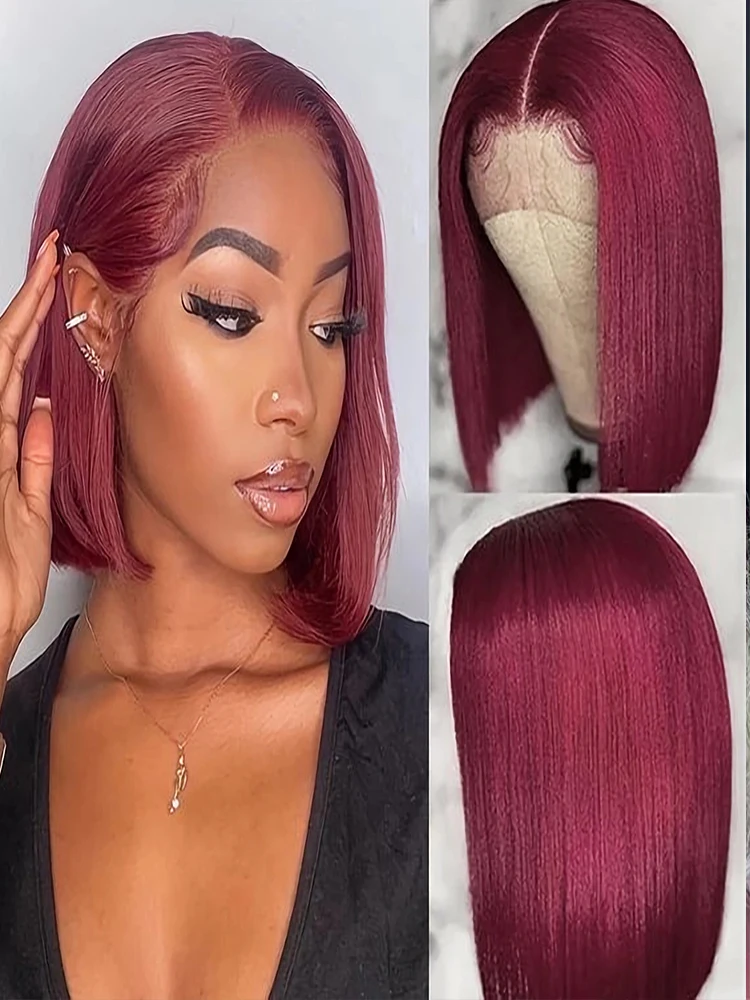 

99J Burgundy 13x4 Bob Straight Pre Plucked Human Hair Wigs Short Brazilian Human Hair Wigs Transparent Lace Human Hair Wig