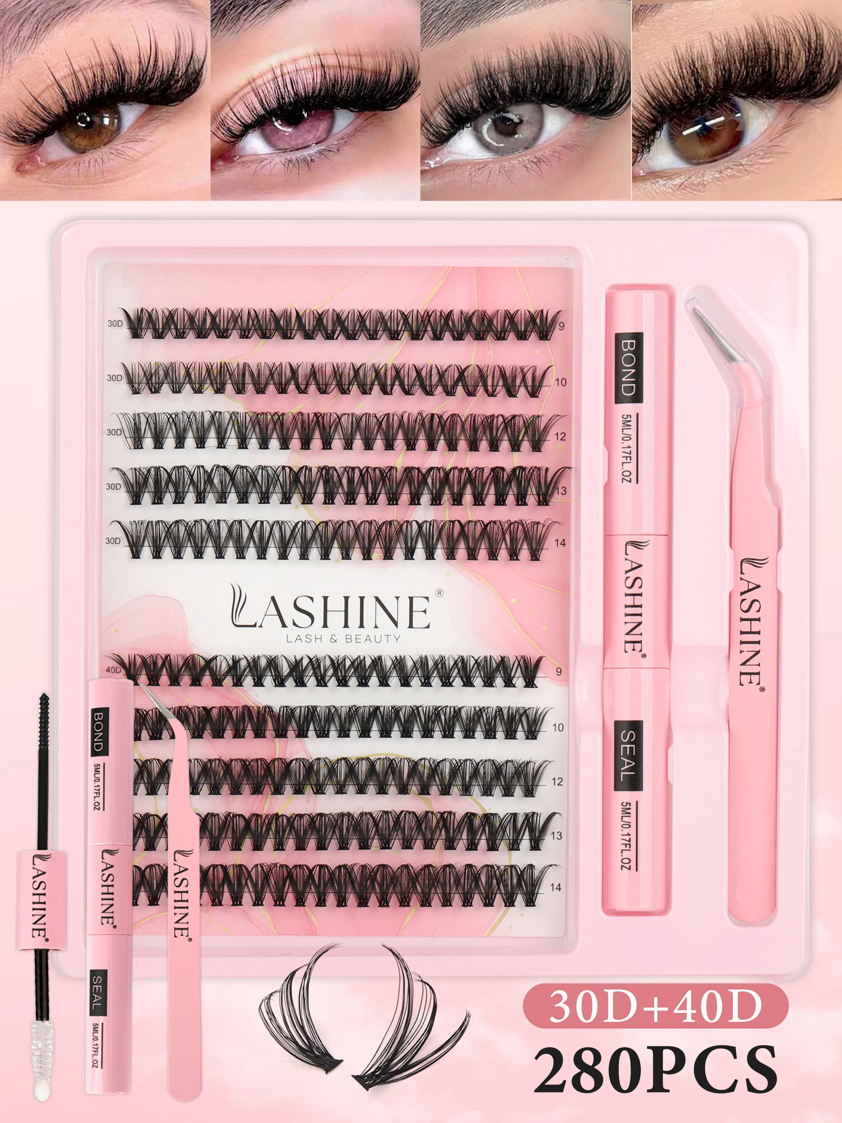 LASHINE 30D 40D Cluster Lashes Kit 200PCS D Curl 9-14mm DIY Lash Extension Kit with Bond & Seal Tweezers Reusable Natural Look f