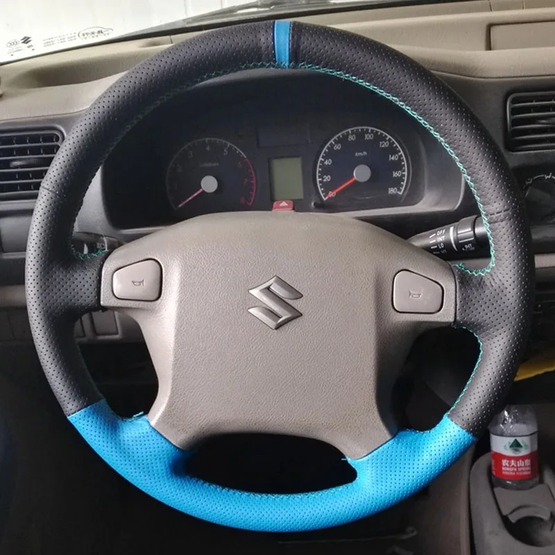 

Для Suzuki Swift Sport Vitara, сшитый вручную нескользящий светло-голубой черный чехол на руль автомобиля из натуральной кожи