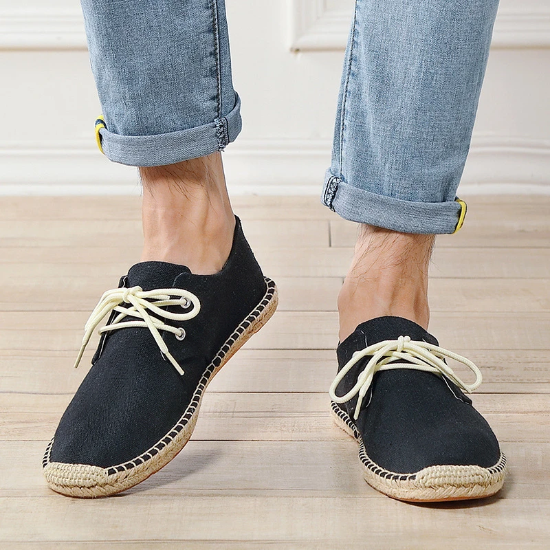 Men Solid Color Linen Canvas Slip On Shoes Breathable Hemp Sole Minimalist Comfort Casual Walking Espadrilles Fashion Simplement