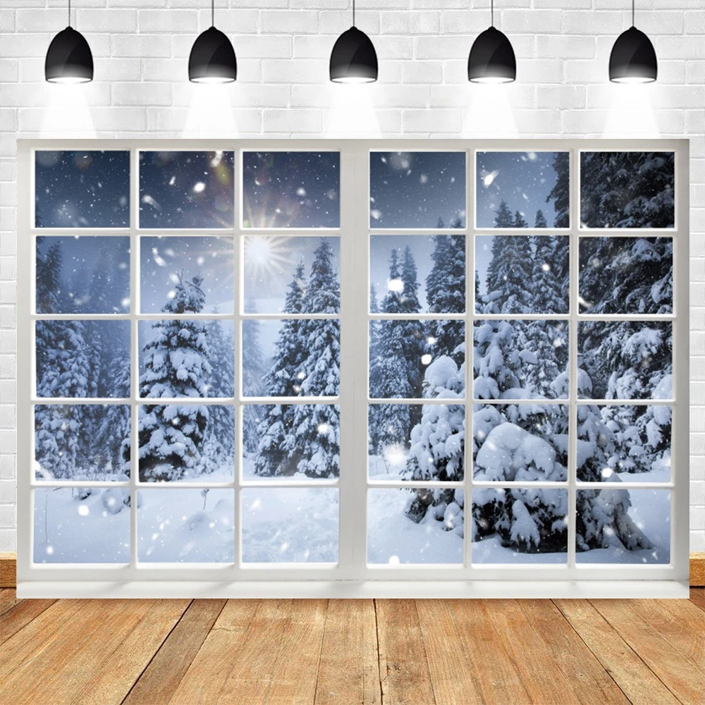Winter Window Photography Background Christmas Pine Tree Snow Scenery Home Decoration Baby Family Portrait Backdrop Photo Studio