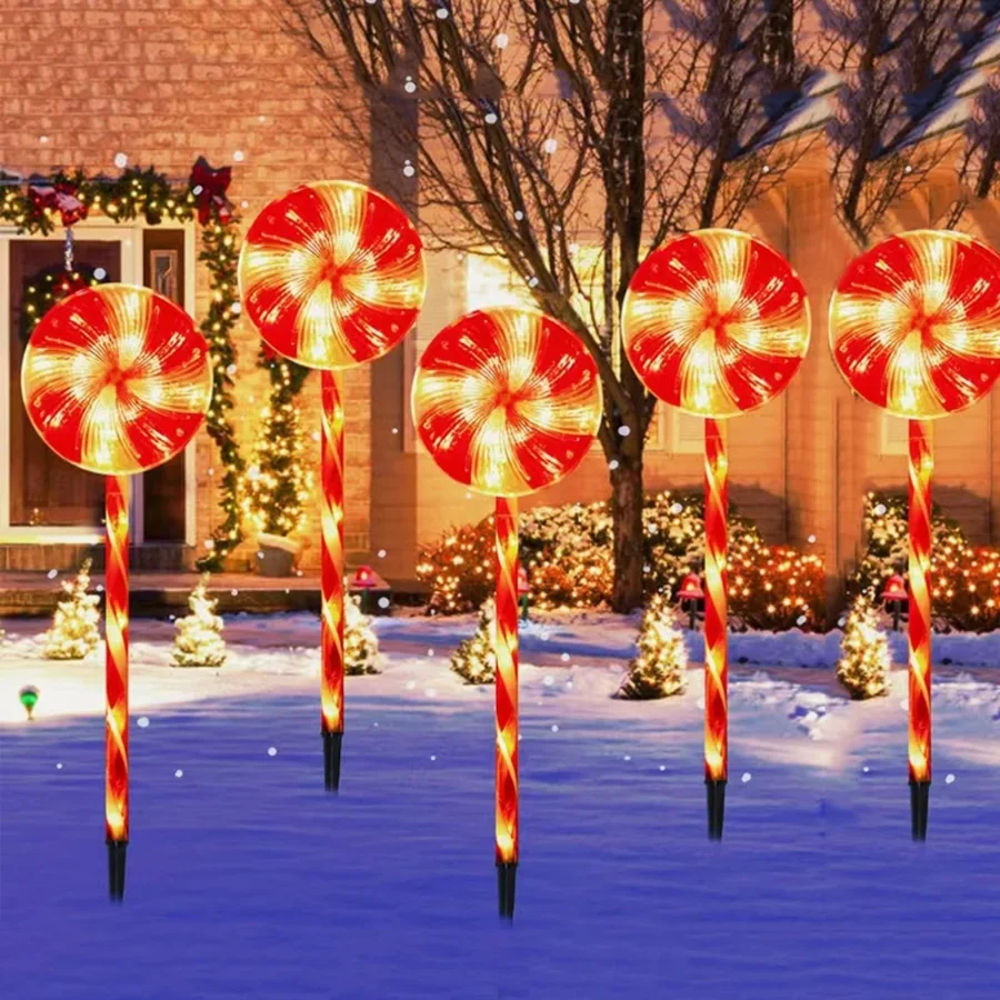 5 IN 1 Solar Lollipop Pathway Light Christmas Solar Powered Candy Cane Landscape Light Waterproof Outdoor Peppermint Stake Light