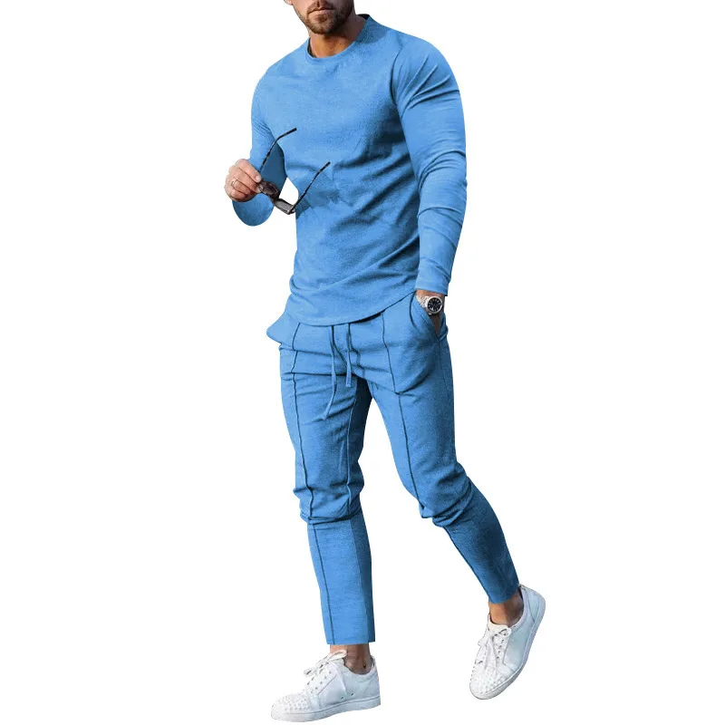 2024 spring two-piece set crew neck long-sleeved t-shirt trousers solid color casual men\'s suit